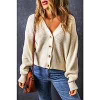 Beige Plain Knitted Buttoned V Neck Cardigan - L thumbnail