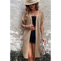 Camel Batwing Sleeve Pointelle Knit Open Front Cardigan - S thumbnail