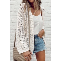 White Stylish Hollow Out Knit Drop Shoulder Cardigan - L thumbnail