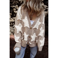 Khaki Sherpa Star Pattern Textured Sweater Cardigan with Pockets - L thumbnail