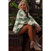 Green Sherpa Star Pattern Textured Sweater Cardigan with Pockets - L thumbnail