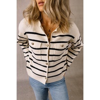 Black Stripe Flap Pocket Buttoned Cardigan Sweater - M thumbnail