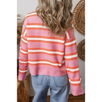 Pink Stripe Drop Shoulder Buttons Cardigan Sweater - 2XL thumbnail
