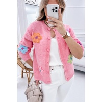 Pink Cute Knitted Floral Pattern Button Up Cardigan - L thumbnail
