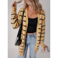 Beige Striped Pom Pom Knit Open Front Long Cardigan - L thumbnail