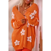 Orange Floral Print Knitted Open Front Loose Cardigan - XL thumbnail
