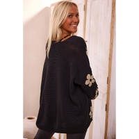 Black Floral Print Knitted Open Front Loose Cardigan - M thumbnail