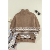 Brown Western Printed Ribbed Trim Collared Zip up Cardigan - L thumbnail