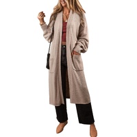 Beige Side Pockets Open Front Long Knitted Cardigan - M thumbnail