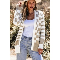Smoke Gray Gingham Striped Knitted Open Front Cardigan - L thumbnail