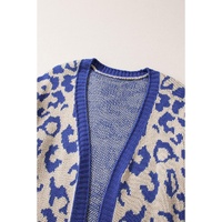 Dark Blue Stripe Sleeve Leopard Print Open Front Cardigan With Pockets - M thumbnail