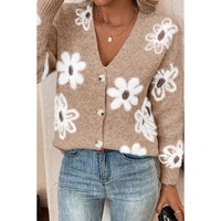 Smoke Gray Floral Print V Neck Knitted Button up Cardigan - L thumbnail