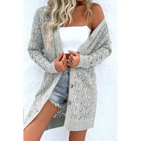 Gray Hollow Out Buttons Front Long Cardigan - L thumbnail