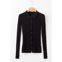 Black Ribbed Knit Collared Slim Fit Sweater Cardigan - M thumbnail