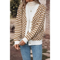 Brown Checkered Striped Patched Buttoned V Neck Cardigan - L thumbnail