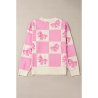Pink Bowknot Checkered Pattern V Neck Drop Shoulder Button Up Cardigan - L thumbnail