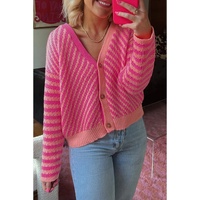 Pink Striped Buttoned V Neck Drop Shoulder Cardigan - L thumbnail