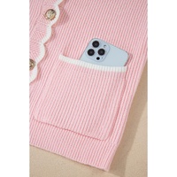 Pink Ribbed Knit Scalloped Edge Side Pockets Buttoned Cardigan - L thumbnail