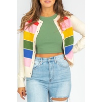 White Stripe Colorful Pattern Button Front Sweater Cardigan - L thumbnail