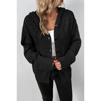 Black Drawstring Hooded Button Up Drop Shoulder Sweater Cardigan - S thumbnail