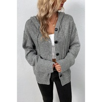 Medium Grey Drawstring Hooded Button Up Drop Shoulder Sweater Cardigan - S thumbnail