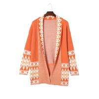Orange Printed Aztec Print Open Front Knitted Cardigan - L thumbnail