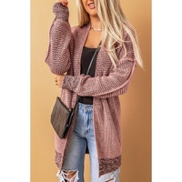 Pink Plaid Knitted Long Open Front Cardigan - L thumbnail