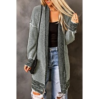 Azura Exchange Gray Plaid Knitted Long Open Front Cardigan - M thumbnail
