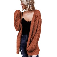 Brown Open Front Woven Texture Knitted Cardigan with Pockets - S thumbnail
