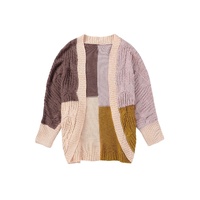 Brown Color Block Loose Open Front Knitted Cardigan - L thumbnail