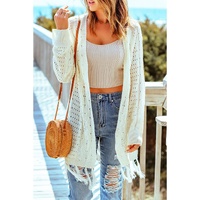 Beige Tasseled Hollow-out Cable Knit Cardigan - One Size thumbnail