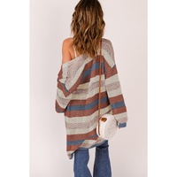 Blue Striped Color Block Hollowed Knit Cardigan - L thumbnail