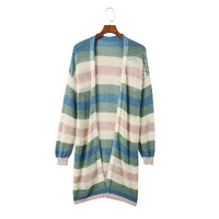 Green Striped Color Block Hollowed Knit Cardigan - M thumbnail