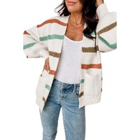 Azura Exchange Beige Drop Shoulder Pocketed Stripe Sweater Cardigan - XL thumbnail