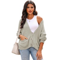 Gray Buttons Front Pocketed Sweater Cardigan - L thumbnail