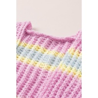Pink Contrast Striped Open Front Cable Cardigan - L thumbnail
