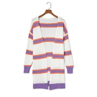 Azura Exchange Beige Striped Long Sleeve Ribbed Trim Button Cardigan - L thumbnail