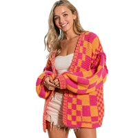 Azura Exchange Multicolor Open Front Mixed Checkered Pattern Knit Cardigan - L thumbnail