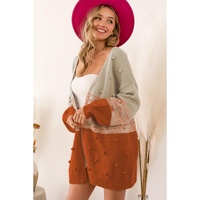 Azura Exchange Brown Pompom Color Block Open Front Cardigan - S thumbnail