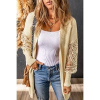 Apricot Crochet Lace Sleeve Ribbed Knit Cardigan - M thumbnail