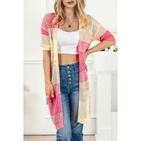 Azura Exchange Pink Ribbed Short Sleeve Ombre Eyelet Knitted Cardigan - M thumbnail