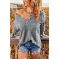 Gray Henley Pullover Drop Shoulder Sweater with Slits - S thumbnail