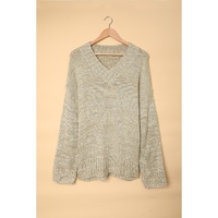 Gray V neck Drop Shoulder Knitted Sweater - S thumbnail