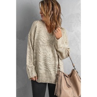 Khaki V neck Drop Shoulder Knitted Sweater - M thumbnail
