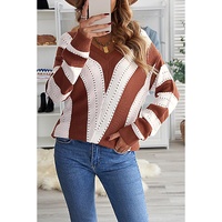 Brown Striped Colorblock V Neck Knitted Sweater - M thumbnail