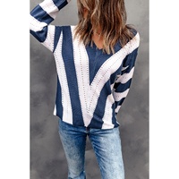 Blue Striped Colorblock V Neck Knitted Sweater - S thumbnail