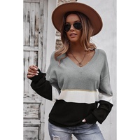 Gray Colorblock V Neck Sweater - S thumbnail