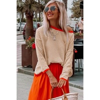 Brown Contrast Trimmed Striped Drop Shoulder Sweater - L thumbnail