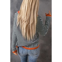Contrast Trimmed Striped Drop Shoulder Sweater - M thumbnail