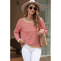 Fiery Red Contrast Trimmed Striped Drop Shoulder Sweater - S thumbnail